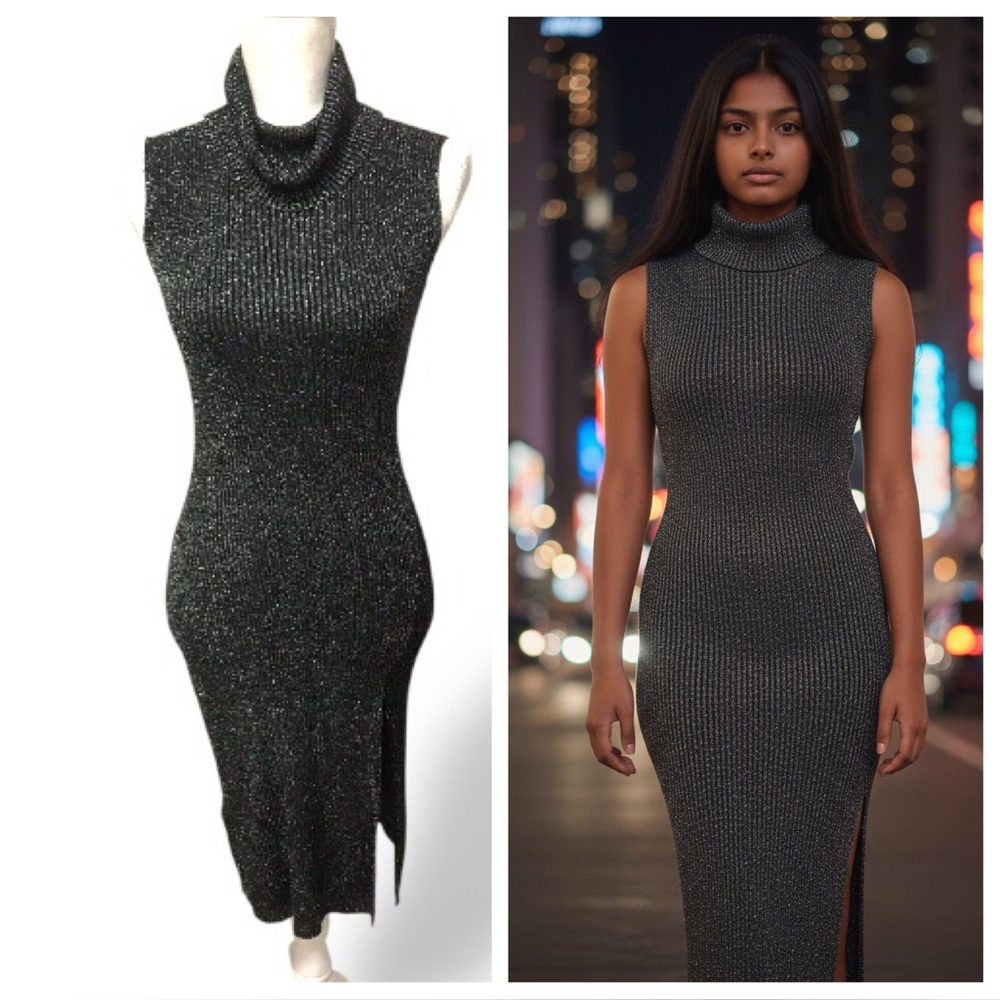 Metallic ribbed Sleeveless Turtleneck Dress
